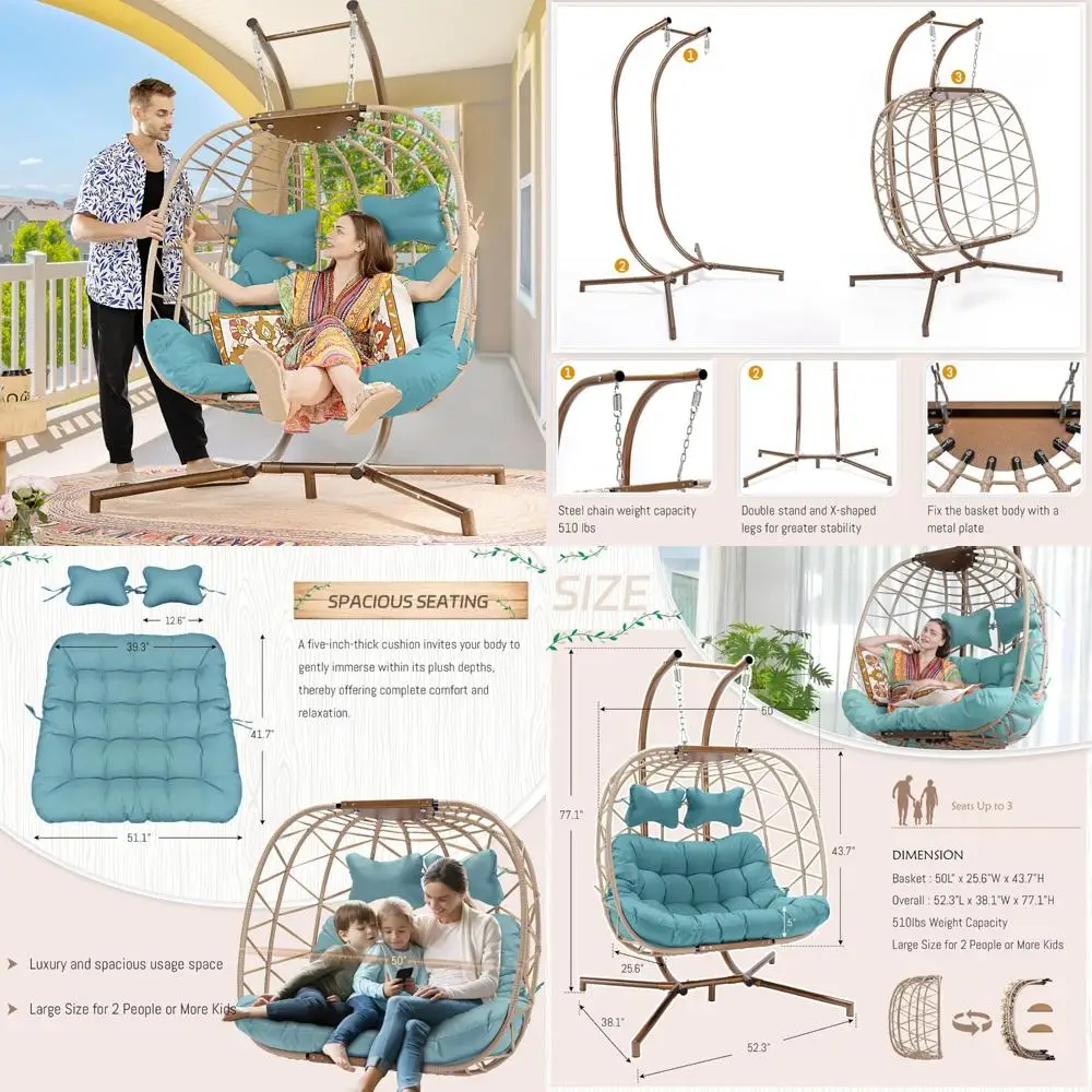 كرسي أرجوحة معلق كبير لشخصين للاستخدام الداخلي والخارجي - مقعد كبير الحجم لفناء التوائم للاسترخاء المريح