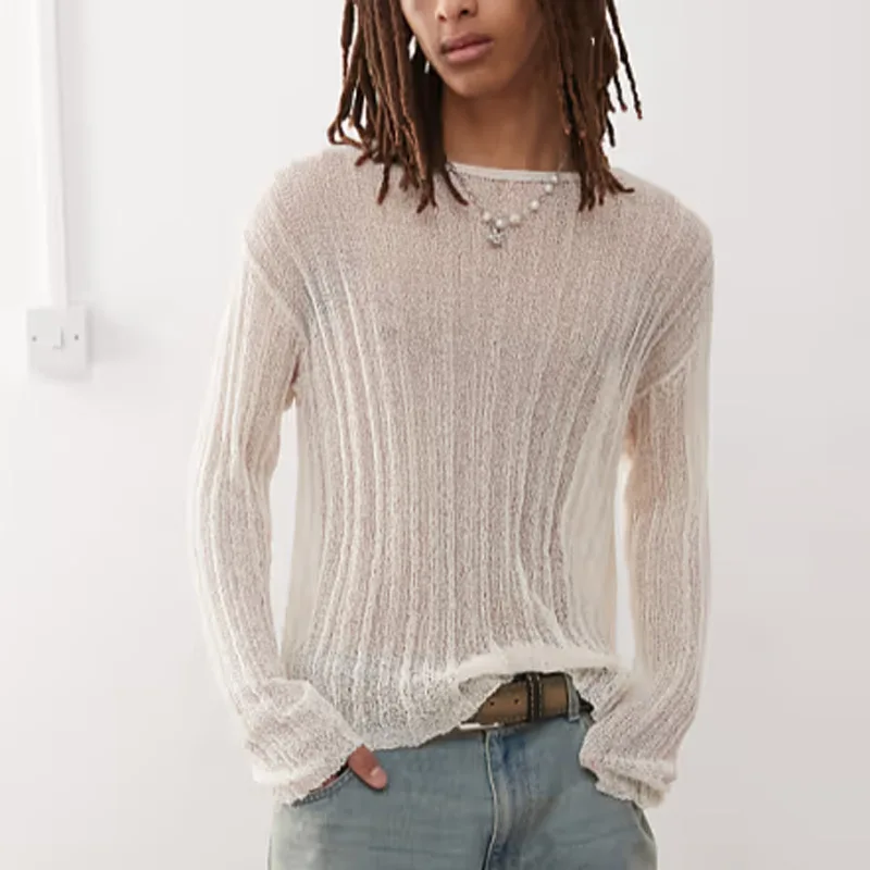 

Men's Autumn Winter New Knitted Sweater Round Neck Long Sleeve Breathable Slightly See Trough Shirt Top