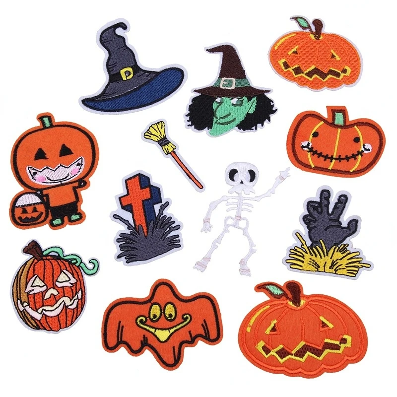 100pcs/Lot Halloween Pumpkin Skull Witch Embroidery Patch Cross Broom Shirt Clothing Decoration Accessories Craft Diy Applique