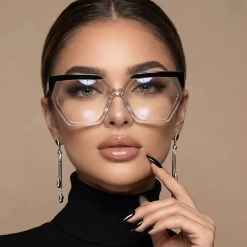 European American Style Women Polygon Shape Blue Light Glasses Female Cat-eye Color-blocking Irregular Large Frame Eyeglasses