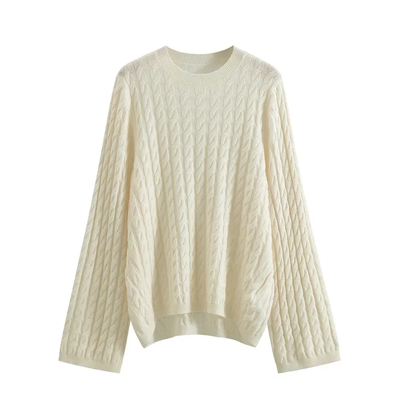 New Minimalist Fashion Round Neck Pullover Classic Cable Flower Solid Color Loose Profile Knitted Cashmere Sweater