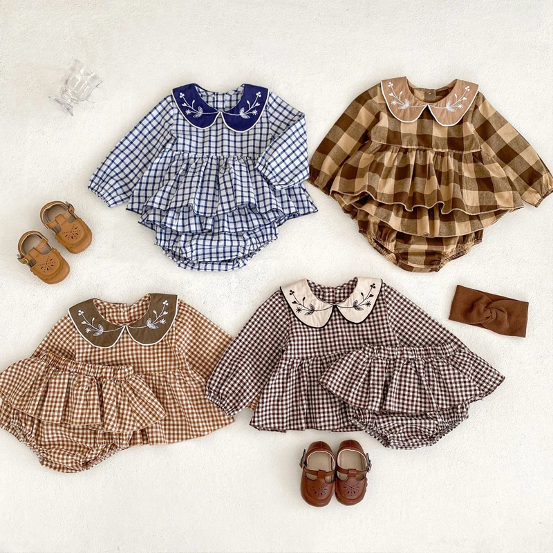 Autumn new 0-3 year old baby clothing girl baby doll collar embroidered checkered top+skirt hem wrapped pants 2-piece set