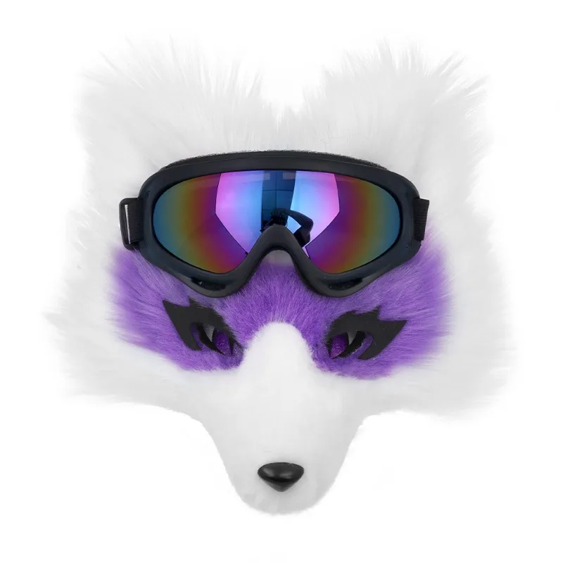 Plush Fox Half Face Mask with Goggles, Furry Animal Cosplay Costume Headwear, Halloween Party Fursuit Accessory for Adults