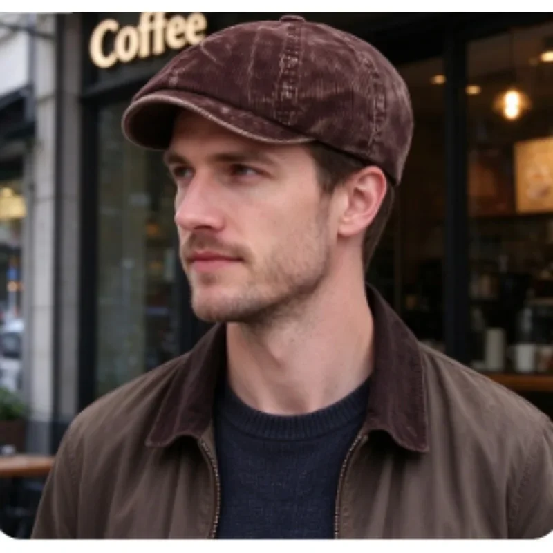 British washed corduroy octagonal hat, big head circumference, forward hat