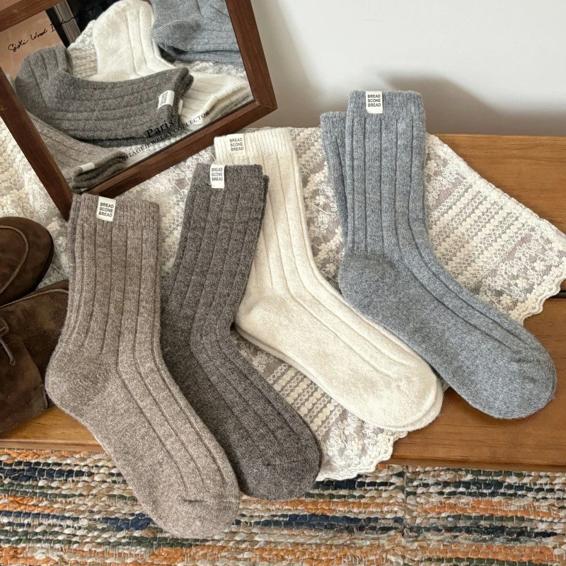 2026 New Wool Socks Women Autumn and Winter Thickened Warm Medium Tube Socks Cloth Label Japanese Solid Color Thermal Long Socks