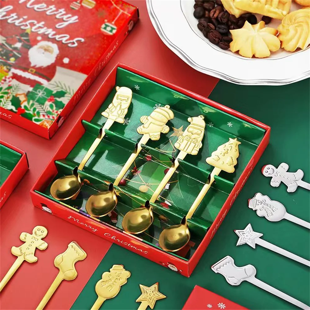 4pcs Christmas Coffee Spoon With Gift Box Dessert Tea Spoon Stainless Steel Tableware Cartoon Gingerbread Man Coffee Spoon Set