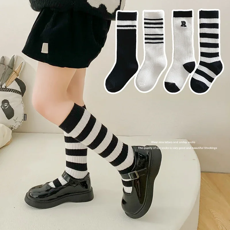 

New Korean Black White Stripe Knee High Socks for Children Unisex Teens Students School Socks Kids Stockings 1-8years Old