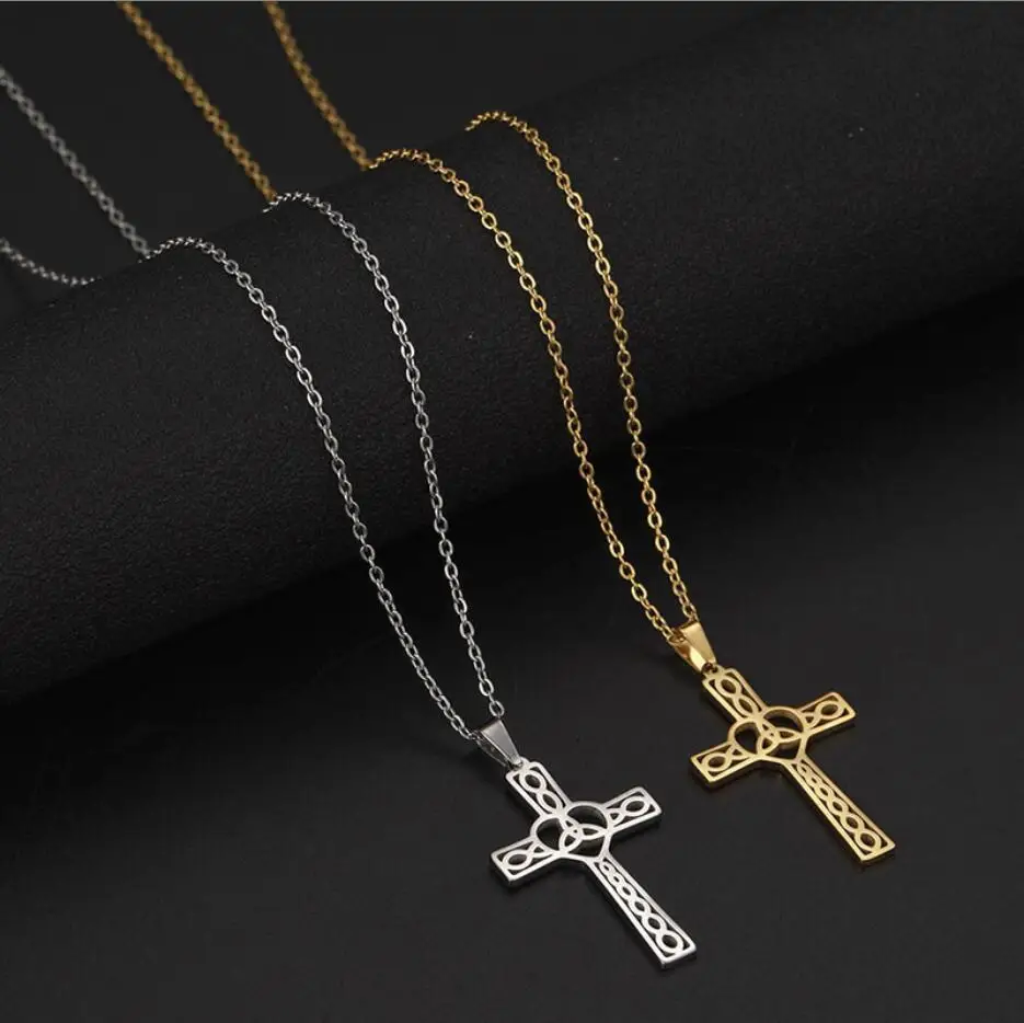 1PC Religous Jesus Cross Necklaces Celtics Knot Pendant Stainless Steel Chain Necklace For Women Vintage Amulet Jewelry F1540