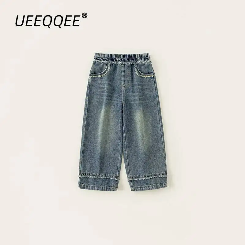 

Spring Autumn Children Jeans 5-14Y Girls Patchwork Letter Straight Denim Pants Trousers Korean Preteen Wear For Kids Clothes New