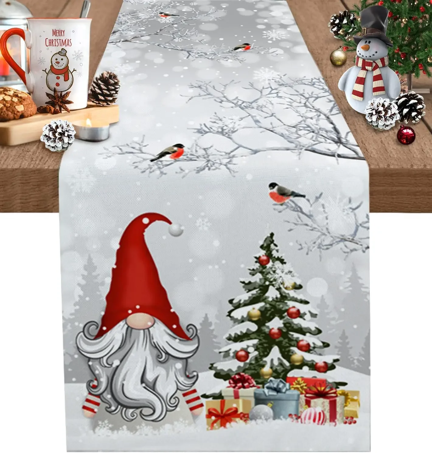 

Christmas Silver Tree Branch Gnomes Burlap Linen Table Runners Dresser Scarf Decor Washable Table Runner Christmas Decorations