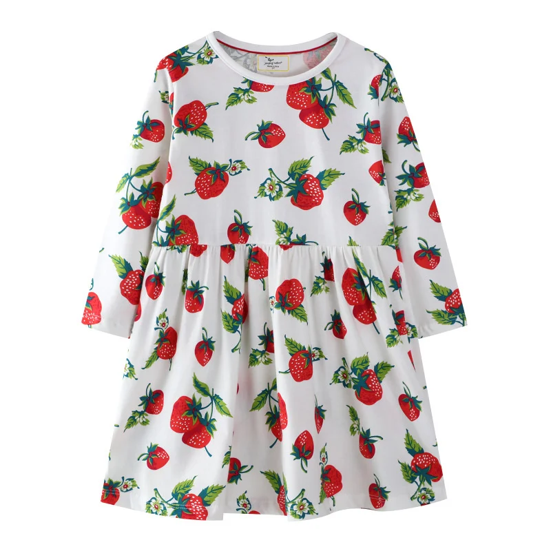 

Jumping Meters 2-7T Autumn Spring Girls Dresses Long Sleeve Strawberry Printed Children's School Birthday Gifts Kids Dress