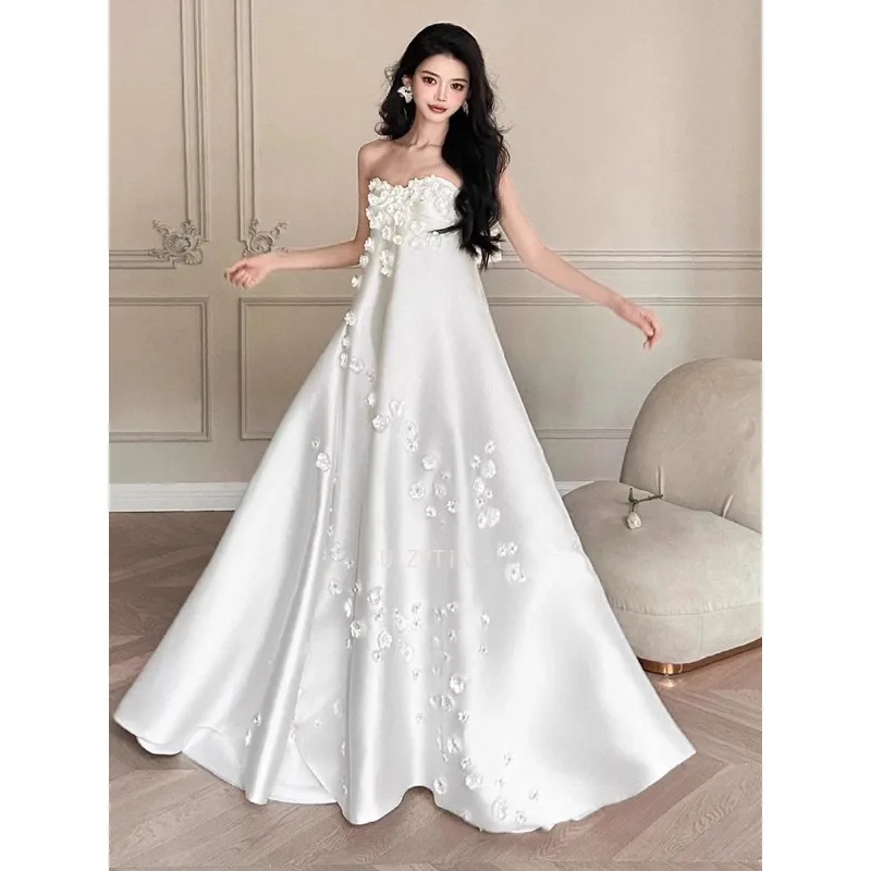 Witte Luxe Trouwjurken Vrouw Een Lijn 3D Bloemen Mouwloze Bruidsjurken Strapless Prinses Formele Party estidos De Noche