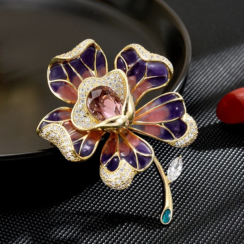 

Vintage Enamel Flower Brooch,European Luxury Coat Pin, Noble Elegant Accessory