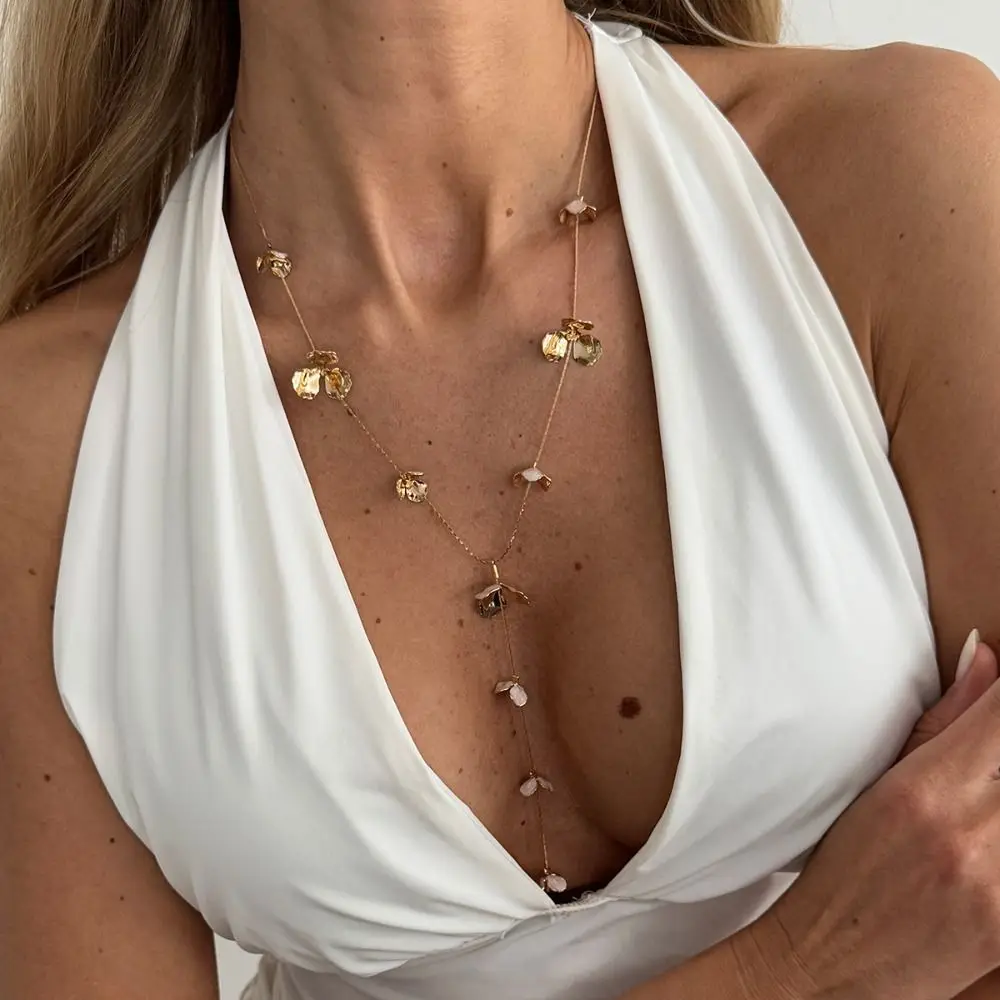 Irregular Design Tassel Necklace Thin Chain Hammered Texture Long Necklace Flower Design Stamen Tassel Clover Necklace