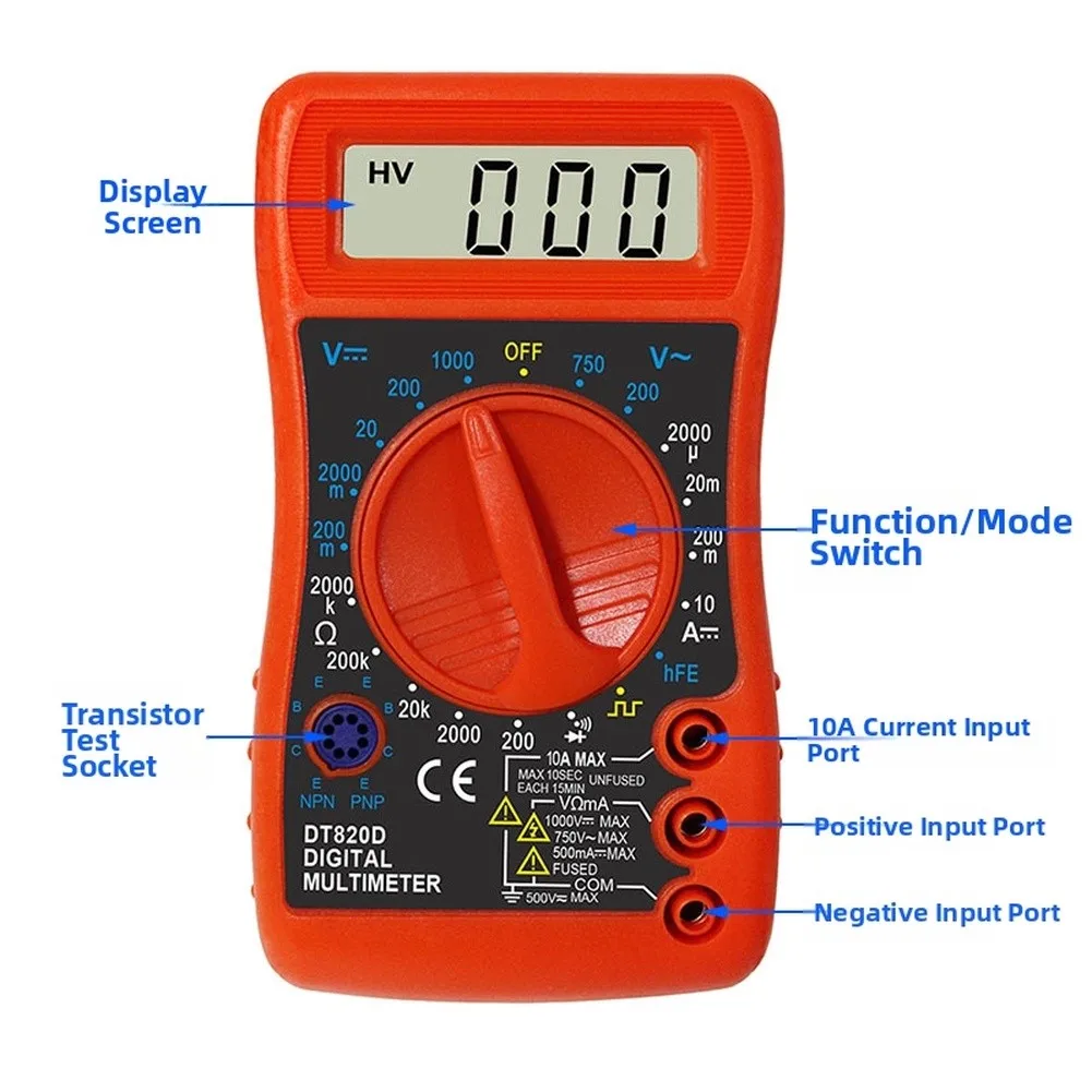 DT820D Digital Multimeter Red ABS Handheld Electronic Tester With Overload Protection For AC DC Voltage Current Resistance Measu
