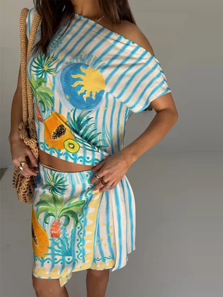 

Fashion Lace-Up Linen 2Pc Suits Sexy Slant Shoulder Sleeve Tops & Mini Skirt Sets Women Elegant Beach Print Slim Party Outfits