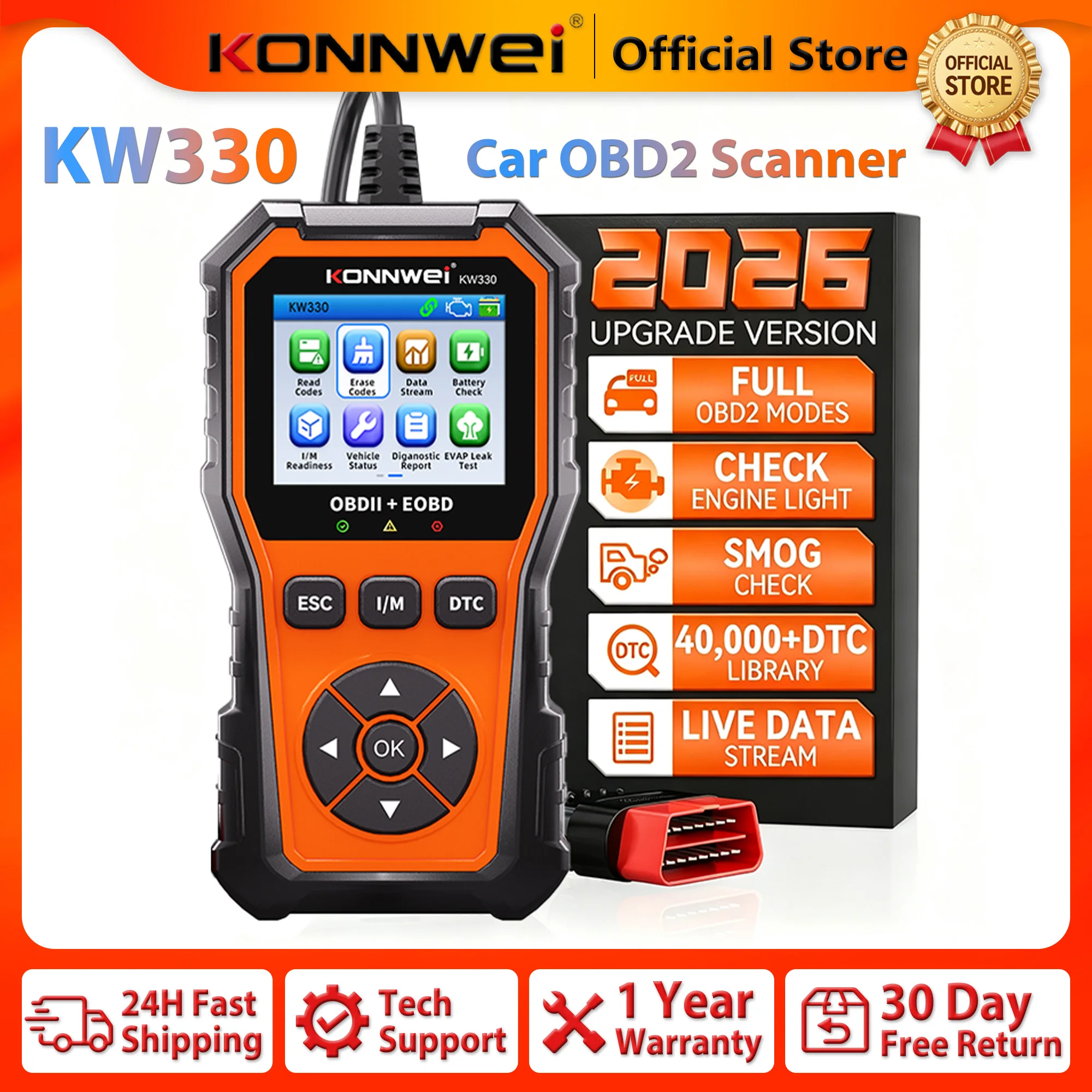 KONNWEI KW330 Automobile OBD2 Diagnostic Tool Engine Battery Check Fault Code Erase Read DTC Lookup Scanner Car OBD Function DIY