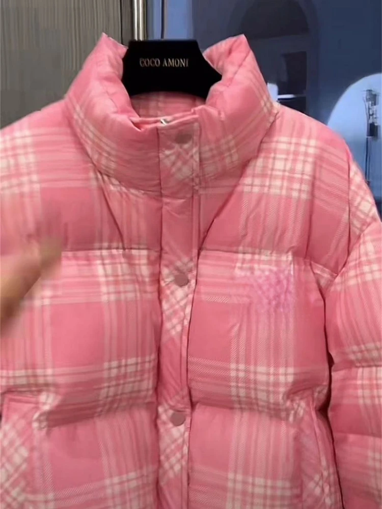 Manteau en coton à carreaux rose pour femmes, vestes courtes chaudes, parkas coupe-vent, manches longues, veste rembourrée en coton, tendance