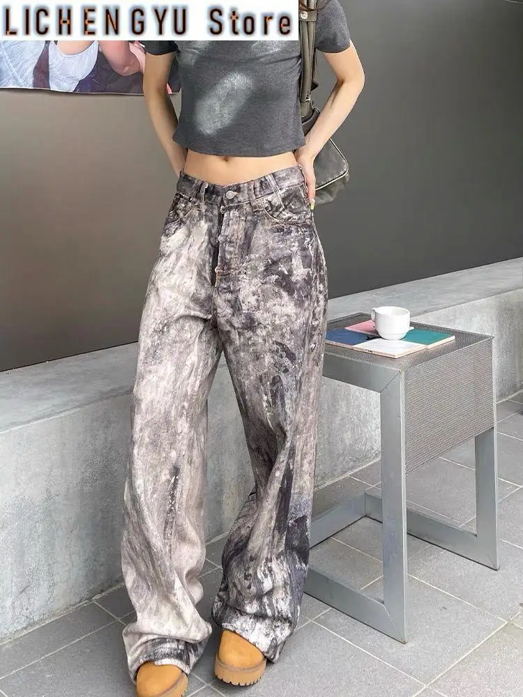 Women's Camouflage Splashed Ink Print Unisex Pants Wide Legs Jeans Young Girl Street Bottoms Female High Waisted Denim Trousers
