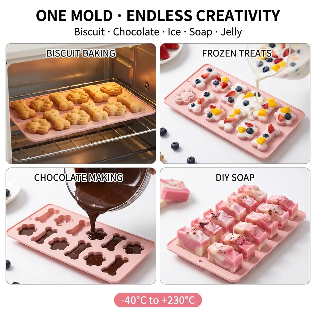 Paw Print Bone Silicone Molds,12 Cavities Food Grade Pawprint Mold,For Chocolate,Candy, Jelly,Gummy,Dog Treats,Dishwasher Safe