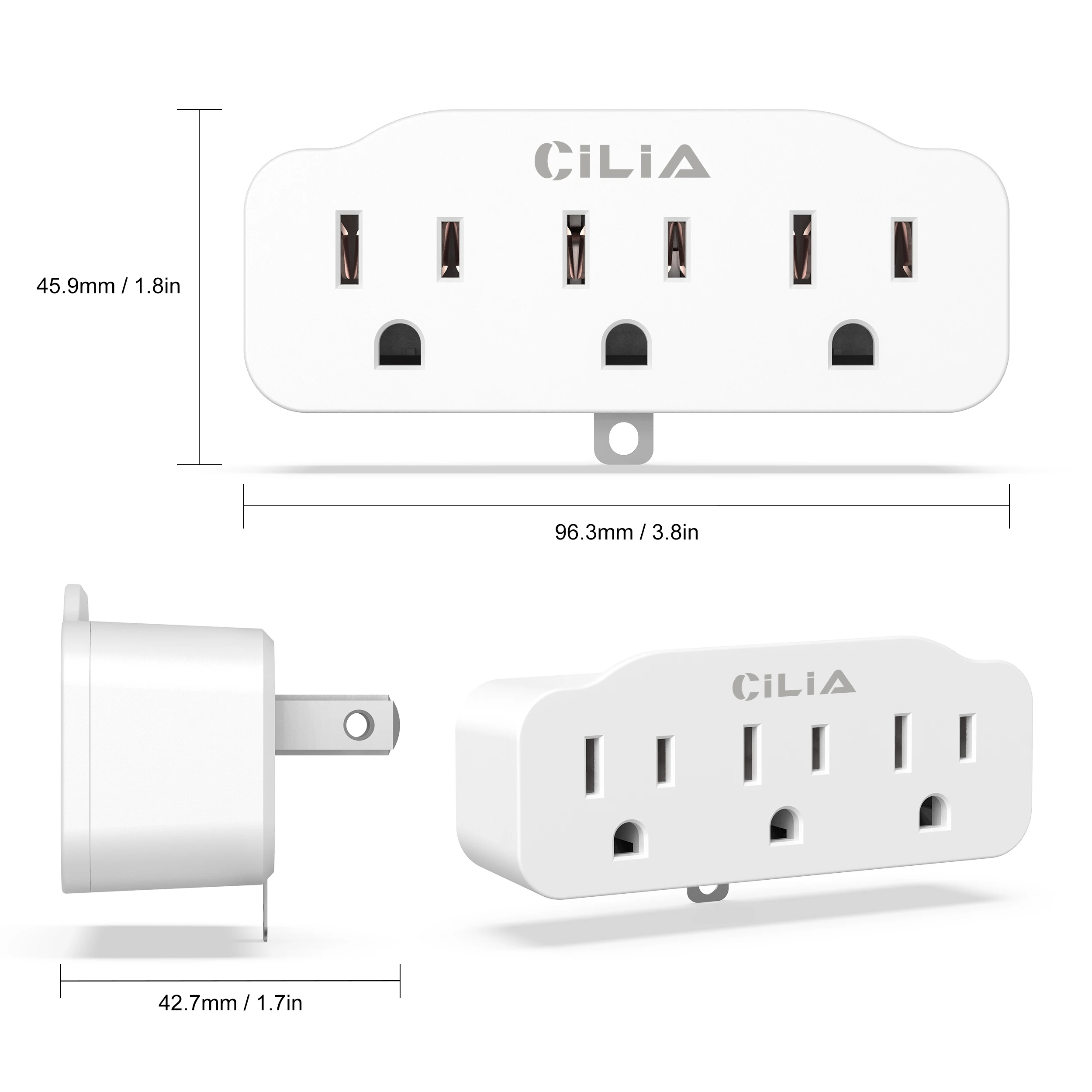 Cilia 3 us Plug in 1 Outlet Extender,Power Strip，Wall multi Splitter Socket ,white /Black compact for home,kitchen office