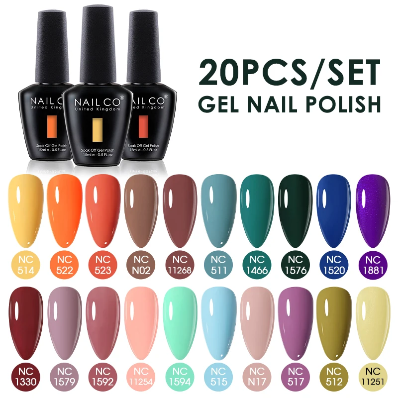 NAILCO 20個入りジェルネイルポリッシュセット、15MLベース、グロッシー/マットゴールド/シルバー/グリッター/トップコート、長持ち、女の子向けネイルサロンアート