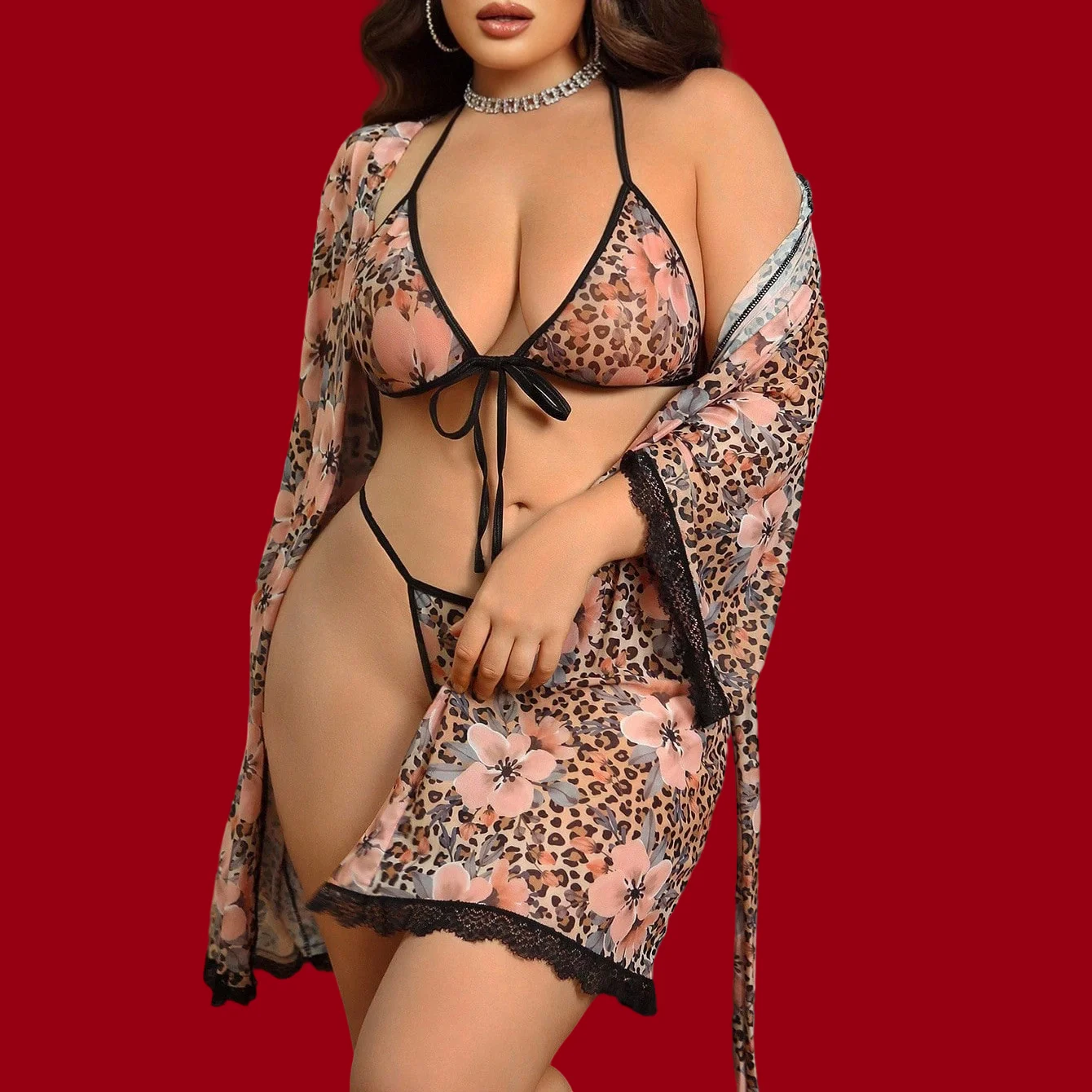 

Женский комплект для сна больших размеров: сексуальный прозрачный халат с цветочным и леопардовым принтом, глубоким V-образным вырезом и кружевной отделкой, пеньюар и стринги, 3 предмета, для романтических свиданий