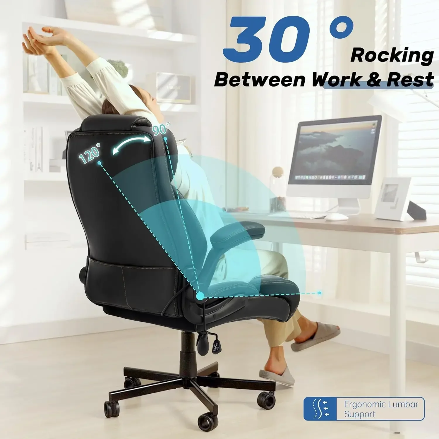 550LBS Big and Tall Office Chair, Comfy Heavy Duty Executive Chair with Adjustable Lumbar Support Double Spaces Casters, PU Leat