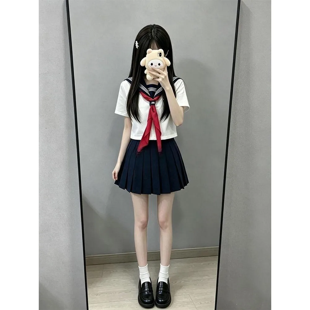 plus Size Japanese Style School Uniform Outfit Short Sleeve Pleated Skirt Casual Wear for Women in Summer V Neck Two Piece Set