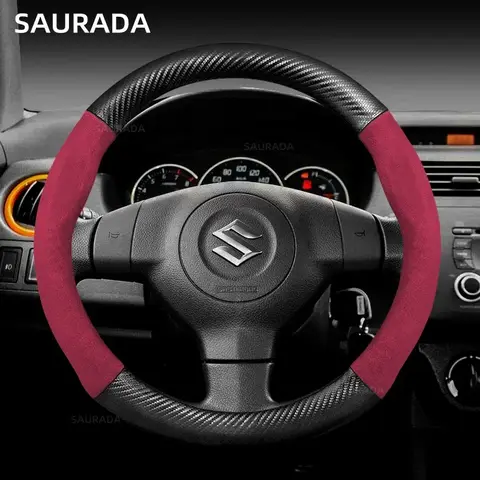 Suede Carbon fiber Steering Wheel Cover For Suzuki Ignis Jimny Samurai grand vitara sx4 swift Alto Emblem XL7 Car Accessories 10 best sales suzuki jimny steering wheel cover - №10