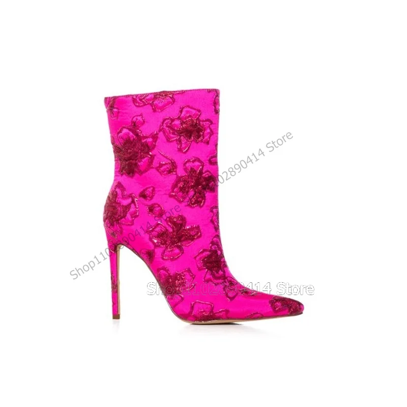 

Rose Red Floral Embroidery Pointed Toe Ankle Boots Slip On Women Shoes Thin High Heels Fashion Banquet 2023 Zapatos Para Mujere