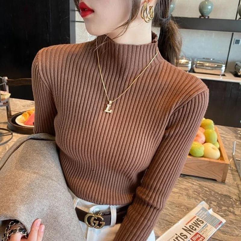 Elegant Solid Basic Knitted Tops Women Turtlneck Sweater Long Sleeve Casual Slim Pullover Korean Fashion Simple Chic Clothes