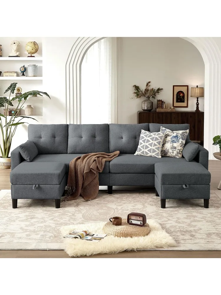 

101-дюймовый трансформируемый секционный диван, U-образный диван, 4-местный диван с пуфом для хранения вещей, удобные секционные диваны из льняной ткани с