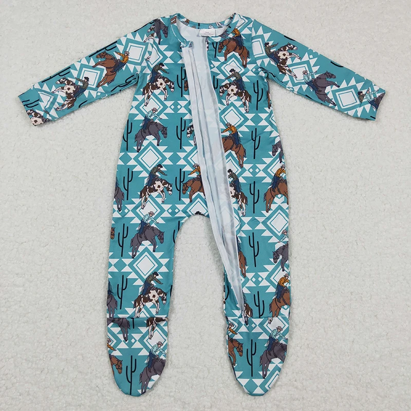 Baby Boy Western Horse Boots Zipper Romper Cactus Bodysuit Snap Botton Footed Jumpsuit Kids Toddler One-piece Newborn Coverall