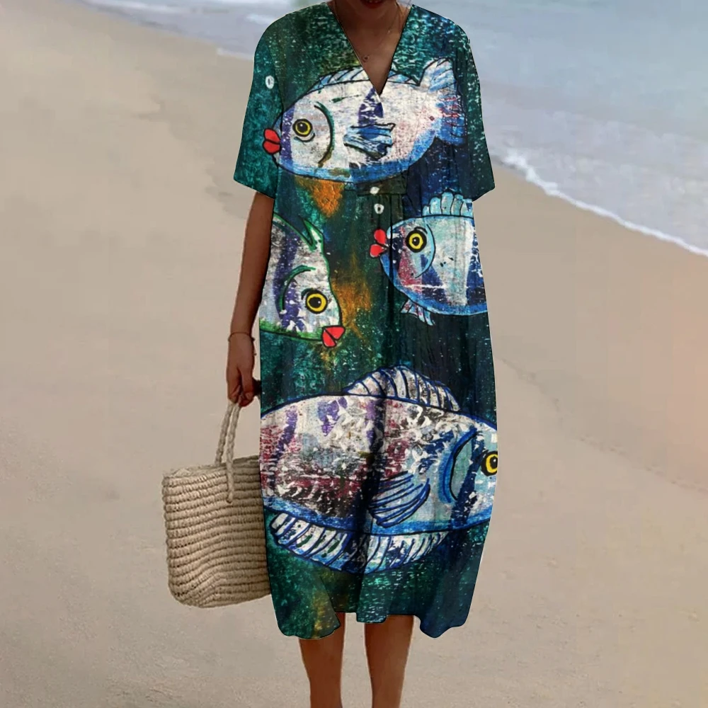 Sardines Fish Print Dress Women 2024 Maxi Baggy Dress Vintage V Neck A-line Elegant Dresses Luxury Brand Linen Beach Skirt