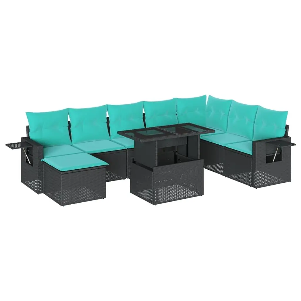 Set Sofa Teras Luar Ruangan 9 Buah dengan Bantal Furnitur Rotan Hitam Tahan Air untuk Balkon Taman dan Tepi Kolam Renang