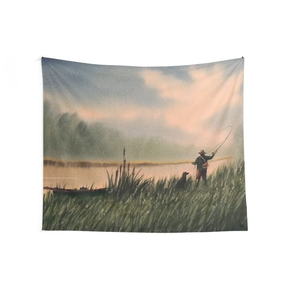 The Fly Fisherman With His Loyal Friend Tapestry House Decorations Japanese Room Decor Tapestry