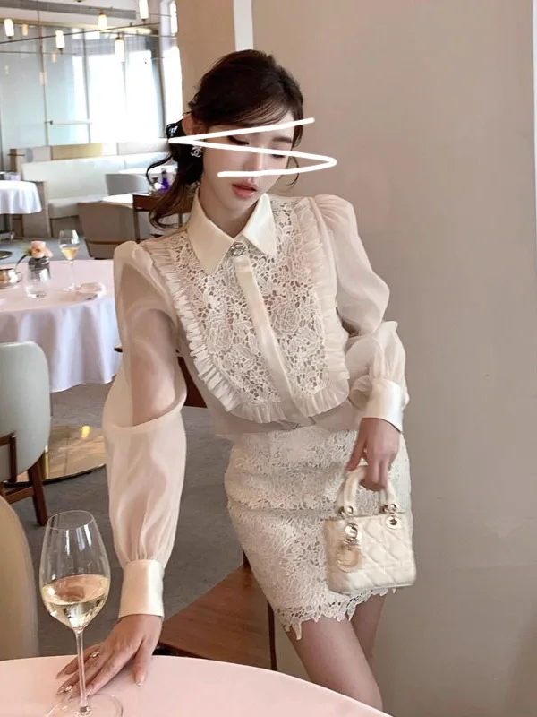 

Elegant Gentlewoman's New 2025 Embroidered Lace Shirt Top Half Skirt Set High Waist Straight Cut Breathable mid Weight Long S...