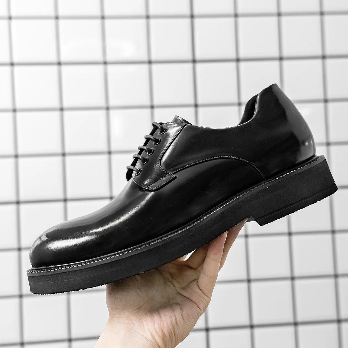 

2024Fashion Black Business Casual Genuine Leather Lace Up Breathable Handmade Thick Platform Wedding Office Derby Shoes For Men