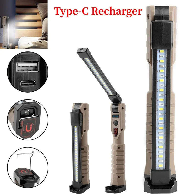 Multifunctional Type-C Rechargeable Flashlight with Magnet Work Lamp Car Inspection Lamp Bottom Rotatable Hook Working Lamp