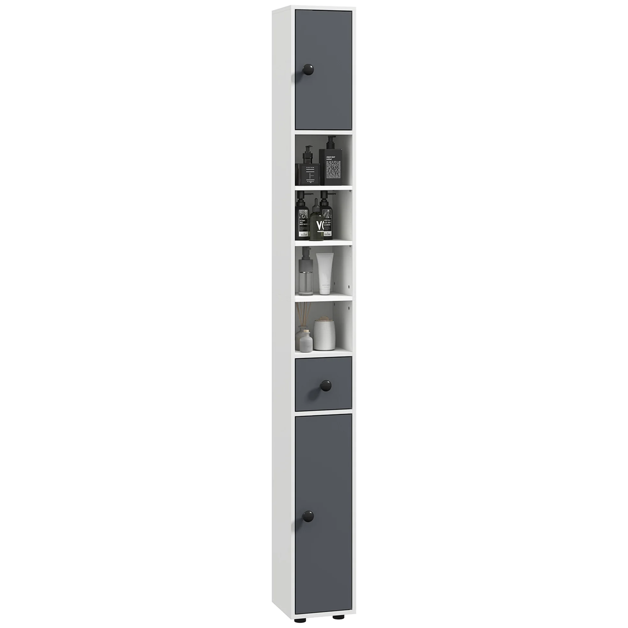 Kleankin Columna de Baño con Cajón Estantes y Puertas 20x20x180 cm Gris