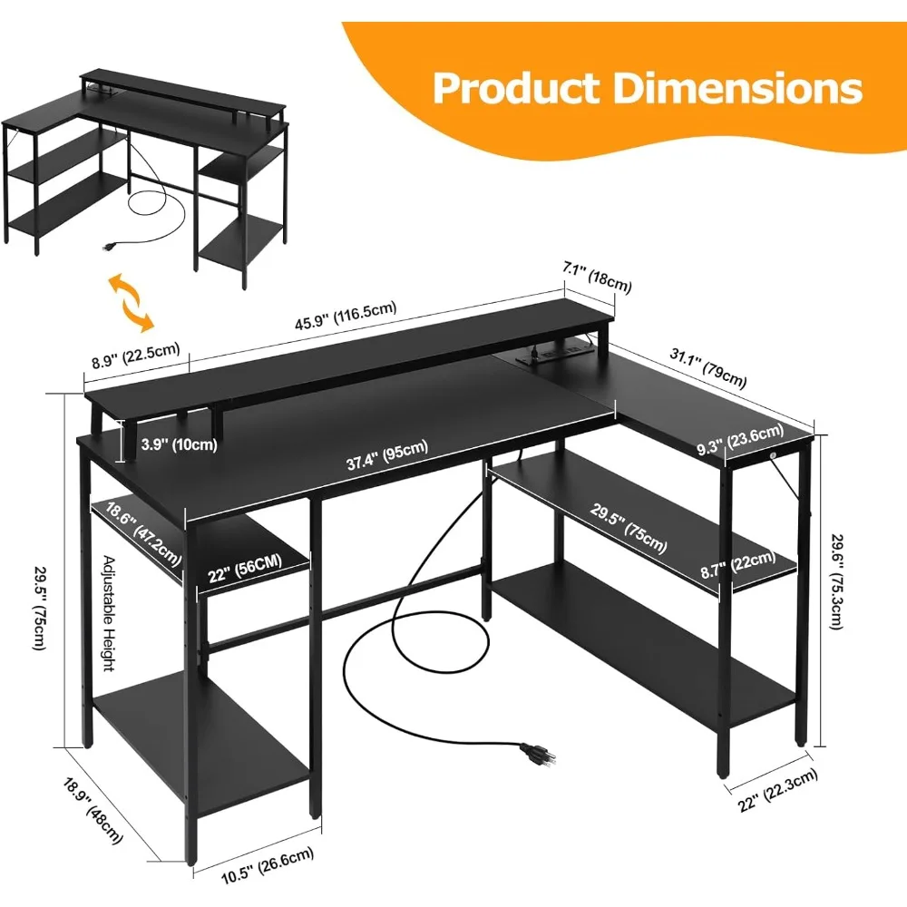 L-shaped Gaming Table with LED Lights and Power Sockets, Reversible Computer Desk with Stand and Shelf, and USB Charging Port