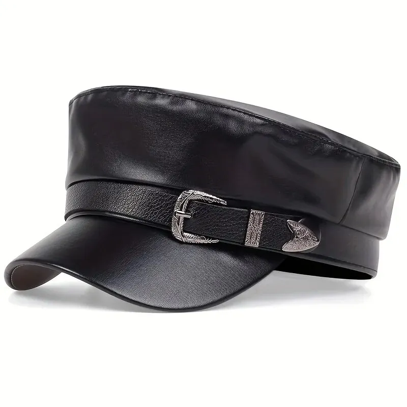 Sombrero de cuero con hebilla de cinturón grande para mujer, boina de marinero, gorras militares de capitán, parte superior plana, color negro, primavera y otoño