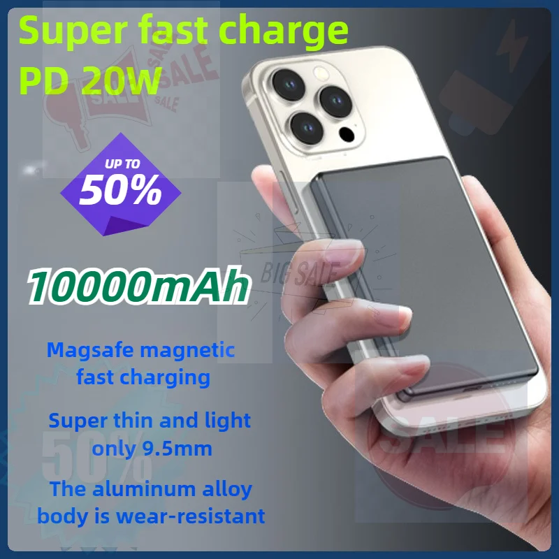 

10000mAh Magnetic Wireless Ultra-thin Power Bank for Smartphones, Two-way Fast Charging Mobile Power Source for Mobile Phones.