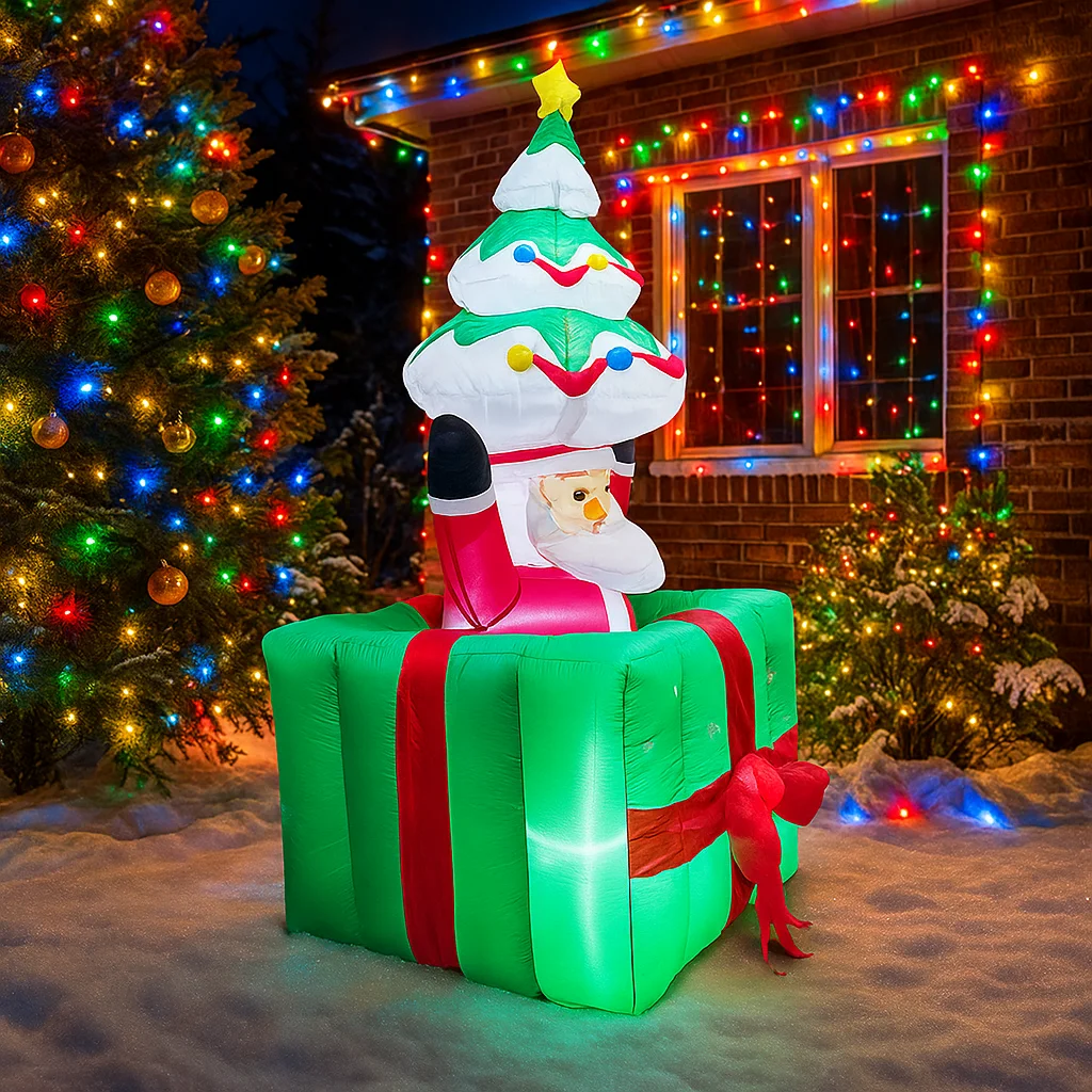 1.8M/6FT Christmas Decorations Inflatable Toy Santa Claus Gift Box Tree Home Yard Xmas LED Light Decor Christmas Party Toy