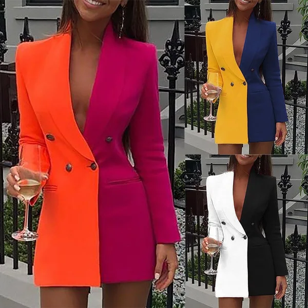 Colorblock Patchwork Suit Jacket Dress Coat V Neck Fashion Coat Long Sleeve Double Breasted Women'S Coat Winter Jacket For Women