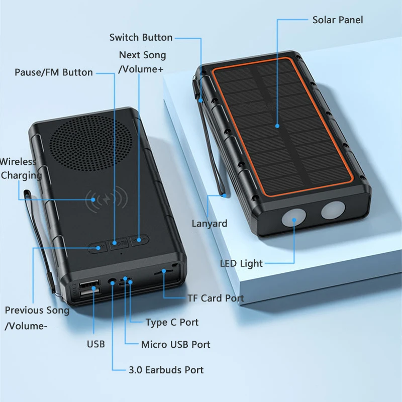 Imagem -04 - Carregador sem Fio Solar Power Bank com Bluetooth Speaker fm Rádio Luz Fone de Ouvido tf Card Porto 20000mah Telemóveis Powerbank