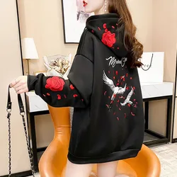 High Quality Autumn Winter Thicken Hoodie Chinese Style Crane Rose Embroidered Sweatshirt Oversized Warm Long Pullover Outwear