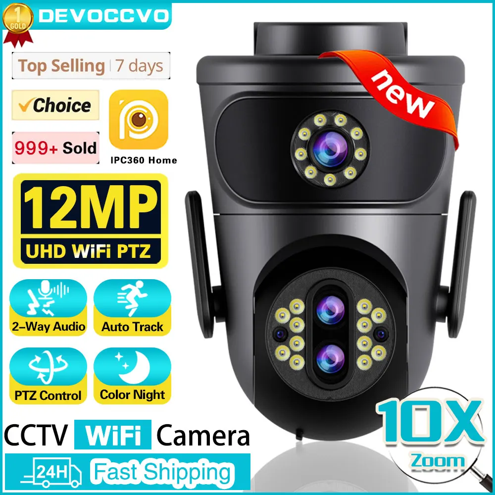 New 6K WiFi Camera Outdoor 10X Zoom 3 Lens 2 Screen PTZ Video Surveillance Street 12MP Security-Protection CCTV Cameras IPC360