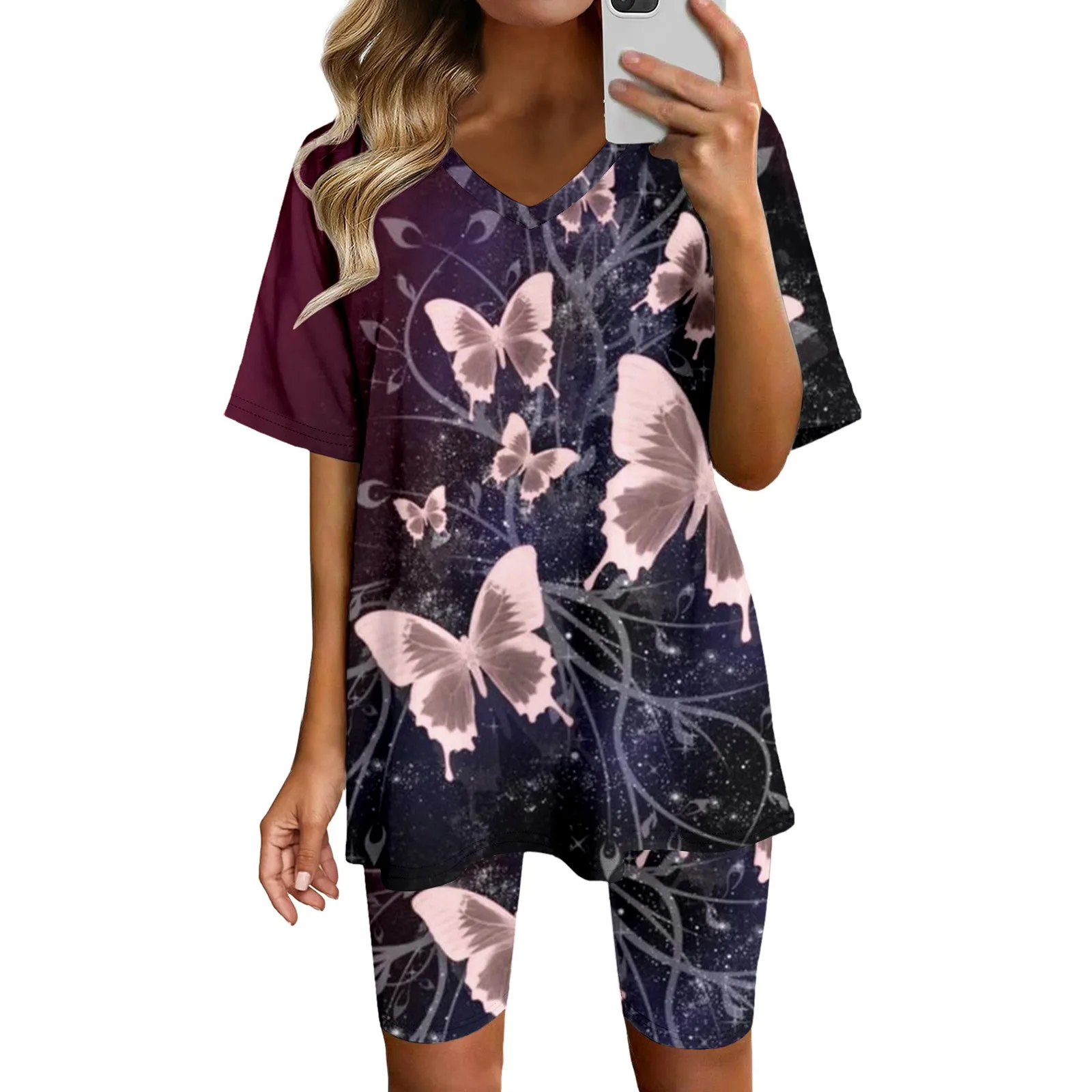 2 Piece Sets Ladies Outfits Boho Vintage Butterfly Print Short Sleeve V-Neck Short Sets Summer Outdoor Holiday Streetwear Female